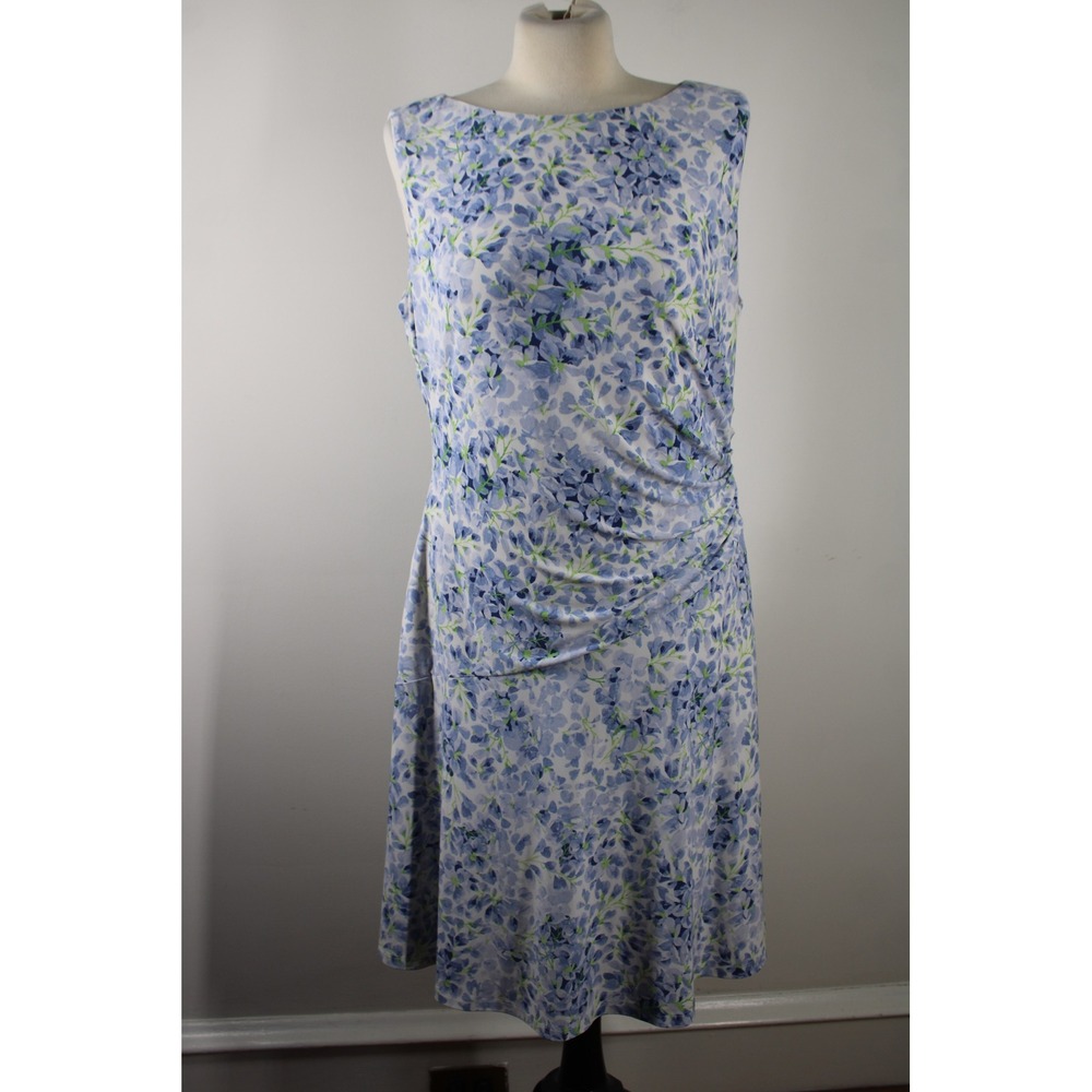 Lauren Ralph Lauren 14 Blue Floral Ruched Sleeveless Boat Neck Dress